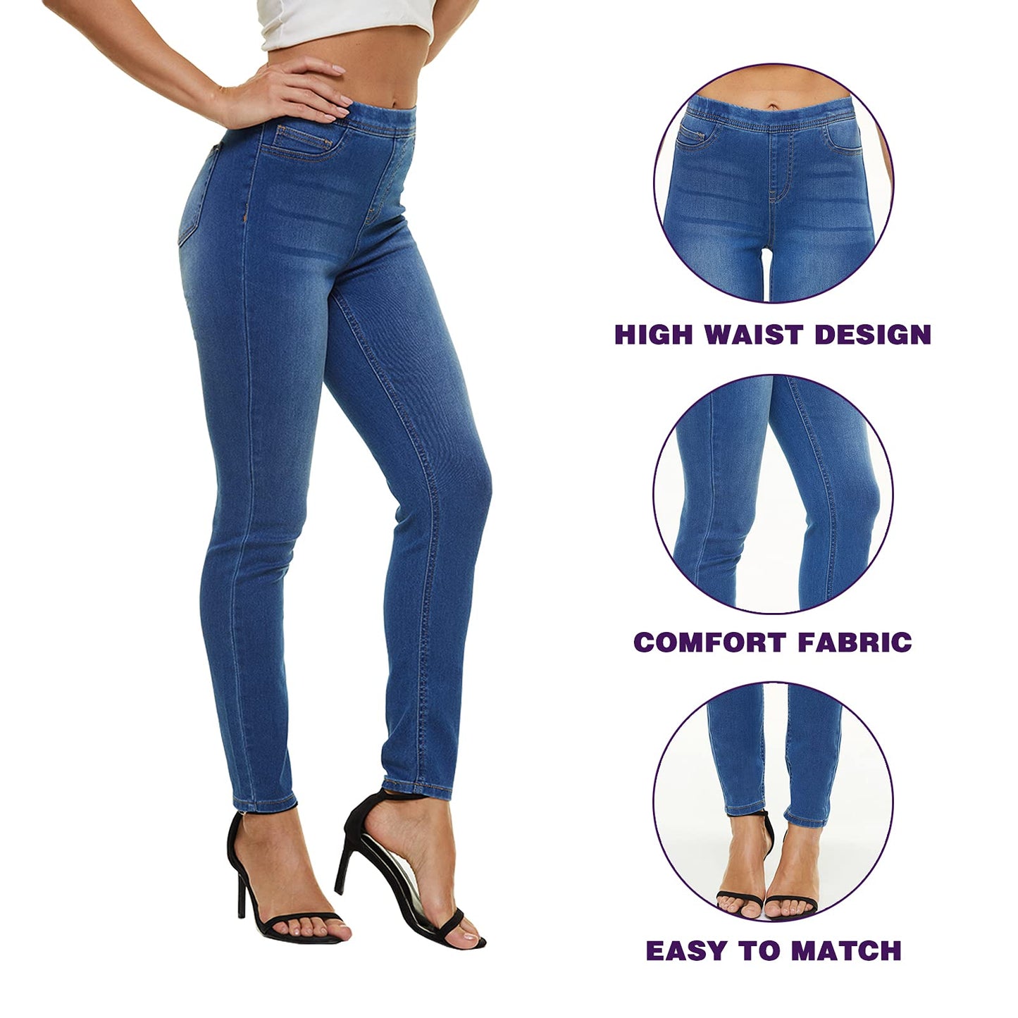 LICTZNEE Jeggings for Women High Waist, Stretchy Jeans Slim Fit Leg Pull on Jean with Pockets, Soft Breathable Cotton Blend