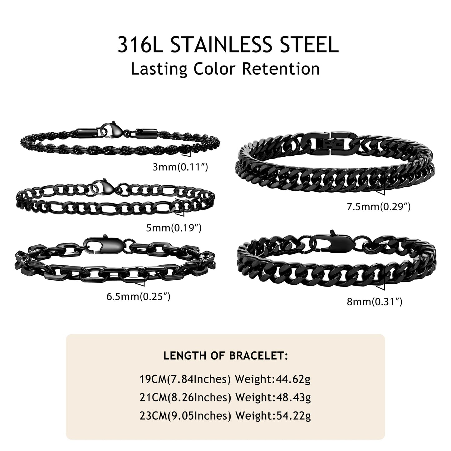 VNOX 5 Pcs Chain Bracelet for Men Women - Sturdy Stainless Steel Curb Width Cuban Link Chain Bracelet Set for Men Women,6.5/7/7.4/8.2/9 Inches