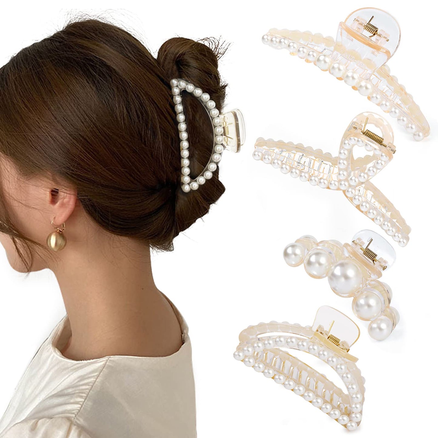 Mehayi 4 PCS Large Pearl Hair Claw Clips for Women Girls, Hair Barrette Clamps for Thick Thin Hair, Fashion Hair Accessories Headwear Styling Tools for Party Wedding