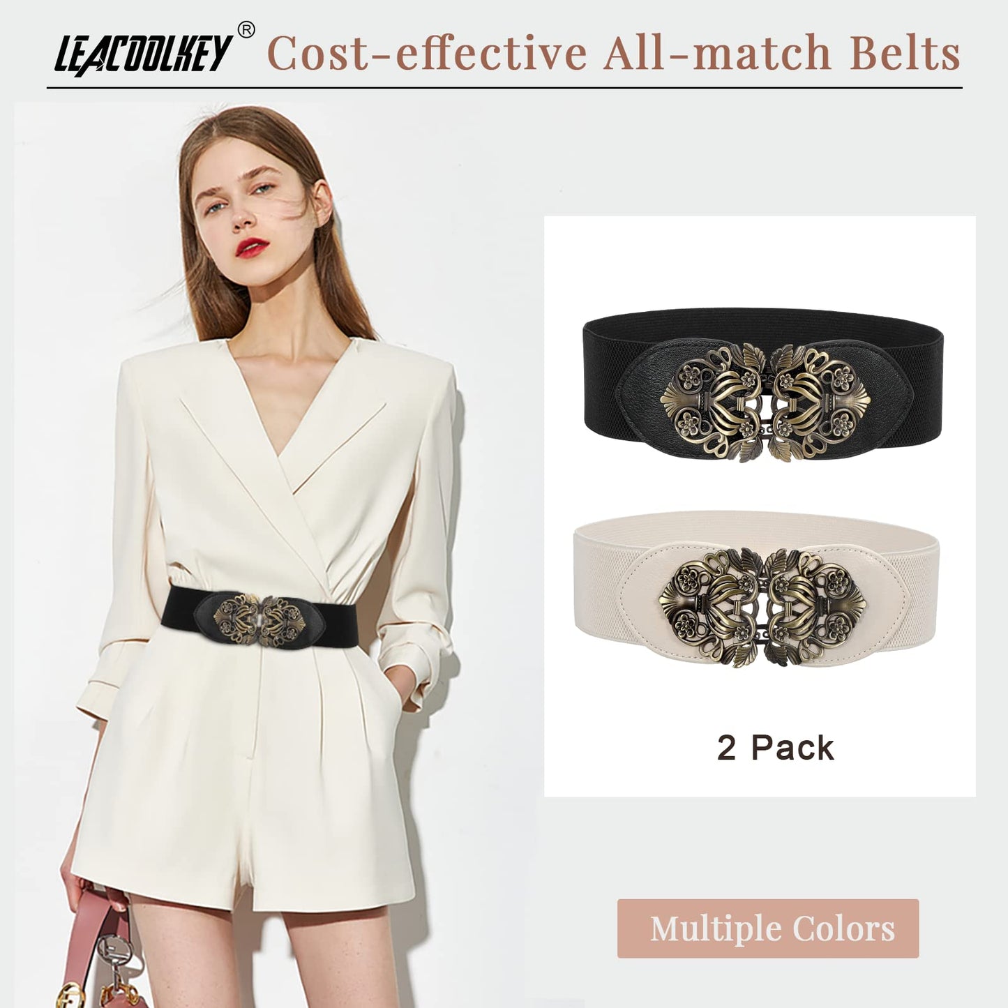 LEACOOLKEY 2/3/4 Pack Women Vintage Wide Waist Belt for Dress, Elastic Cinch Belt with Retro Interlocking Buckle