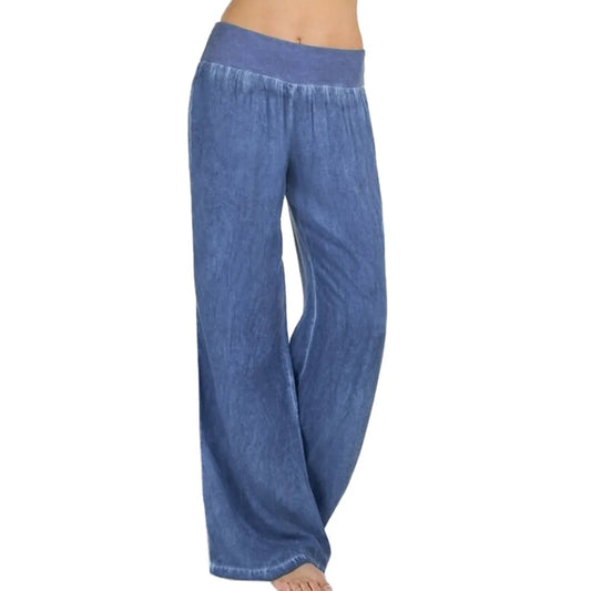 S-5XL Comfortable Loose Wide Leg Imitation Denim Pants Women's Jeans Imitation Elastic Waist Full Long Trousers Pants