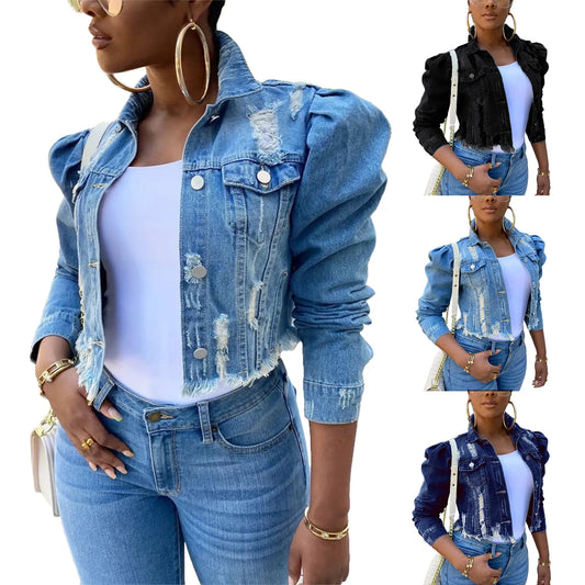 Y2k Women's Ripped Denim Jacket Casual Long Puff Sleeve Button Down Cropped Jean Coats for Fall