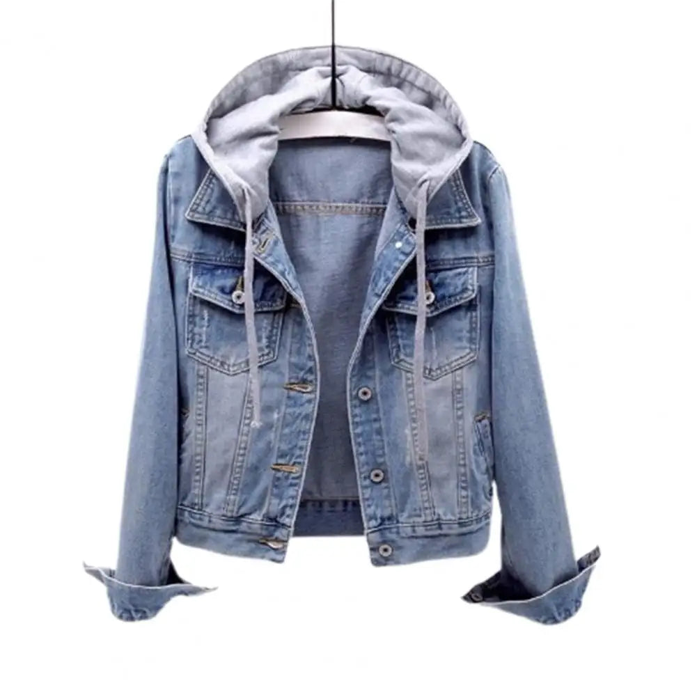 Loose Short Denim Jacket Women 2022 Coat With Hat Single Breasted Button Hooded Down Denim Jacket for Women Winter