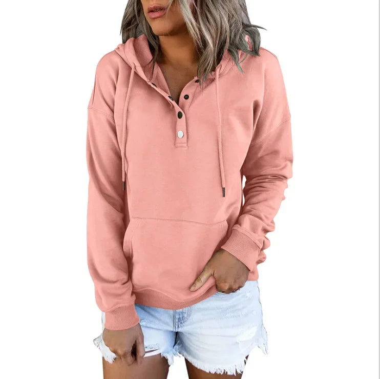2023 Fashion Trend Long Sleeve Loose Casual V-collar Button Hooded Drawstring Pocket Hoodie