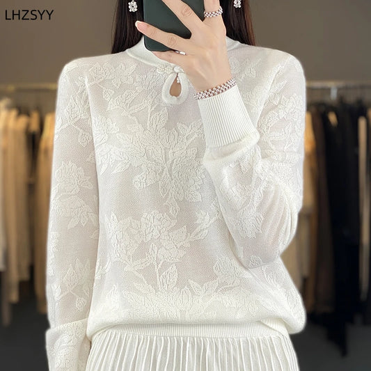 LHZSYY Chinese New Silk/Merino Wool Sweater Women' Retro Knit Coil Buckle Pullover Spring Loose Shirt Fashion Jacquard Thin Tops