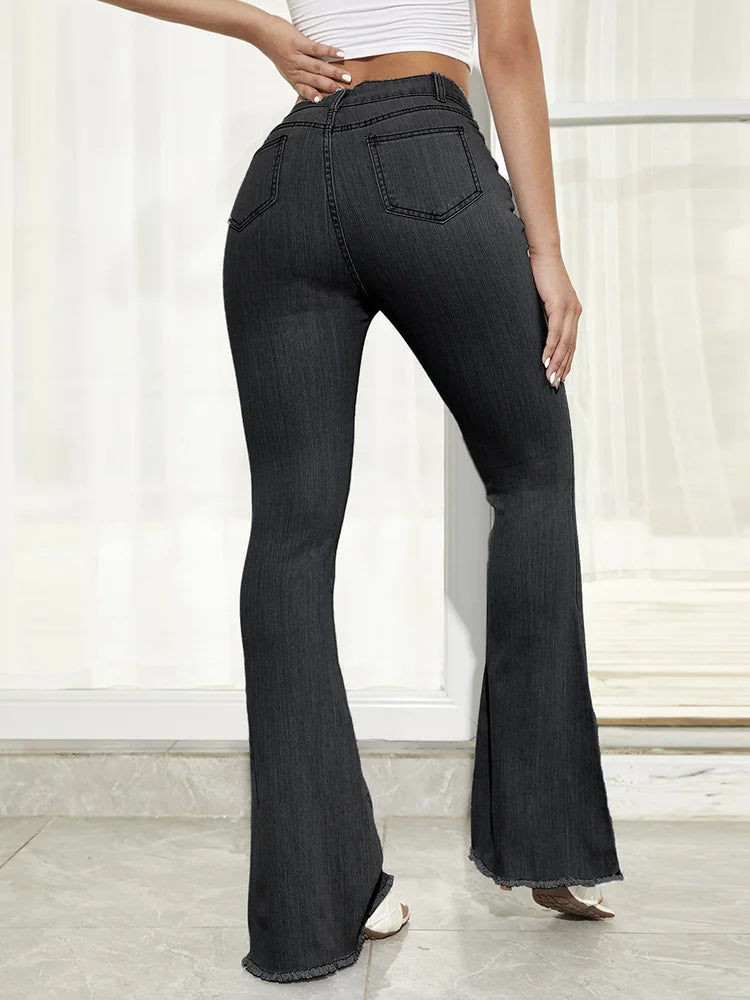 Women's Raw Hem Flare Jeans Autumn Fashion Woman Denim Pants Jean Femme High Waist Full Length Slim Jeans