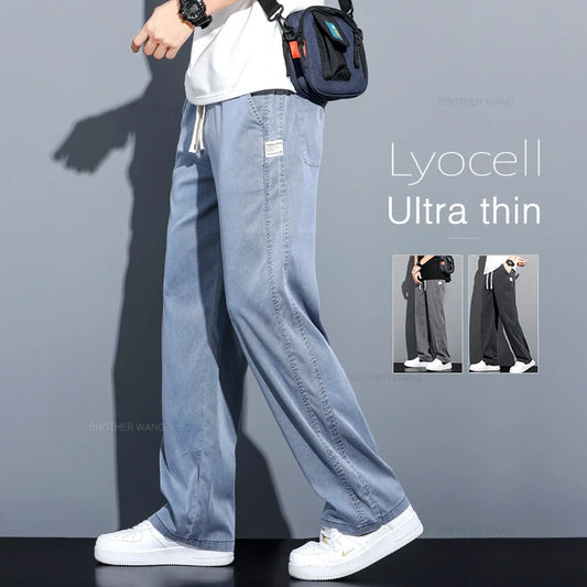 2024 Summer New Soft Lyocell Fabric Men's Jeans Thin Loose Straight Pants Drawstring Elastic Waist Korea Casual Trousers