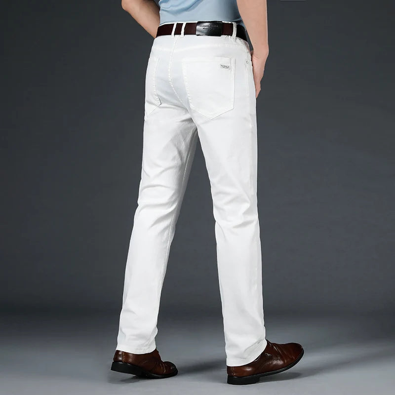 Men Slim Fit Pure White Jeans Men's Elastic Business Fashion Straight Leg Long Pants Spring/summer Mid High Waisted Casual Pants