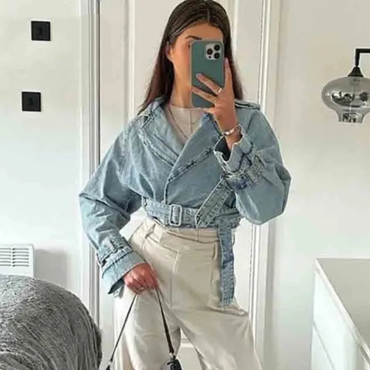 Woman Denim Jacket With Belt Cropped Jean For Women Frayed Streetwear Women's Long Sleeve Crop Top Fashion None Bestbefree modis