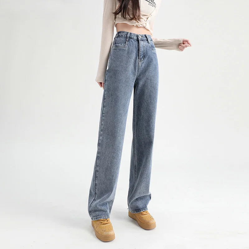 Woman Jeans Elastic High Waist Wide Leg Cotton Denim Clothing Blue White Streetwear Vintage Fashion Harajuku Straight Pants