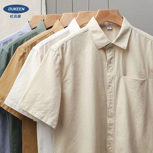 DUKEEN Cotton Shirt Short-Sleeved Men's Summer Tide Senior Sense of Retro Inch Shirt Solid Color White Shirt