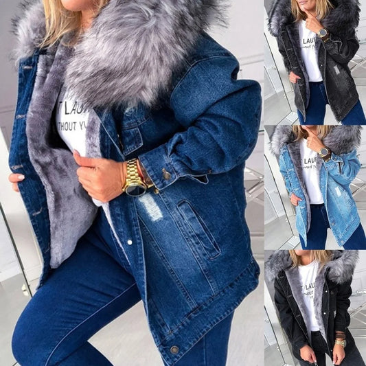 Women Winter Warm Fluffy Collar Hooded Denim Jacket Thick Plush Lined Warm Long Sleeve Jean Coat Button Down Oversized Loose Out