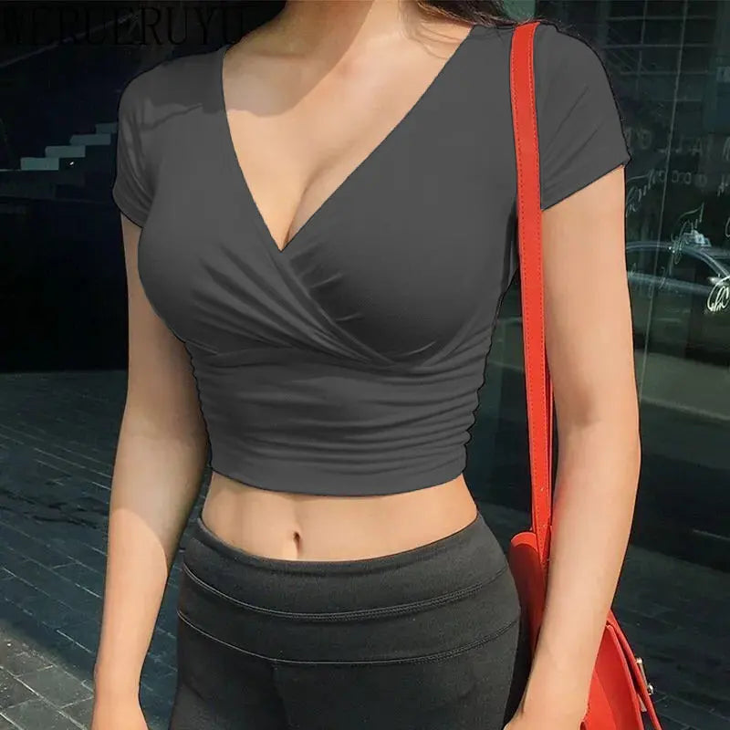 New Summer Black Sexy V-neck T-shirt Short Sleeve Y2k Crop Top Women Clothes Streetwear Korean Fashion Corset Tops Tshirts 2023