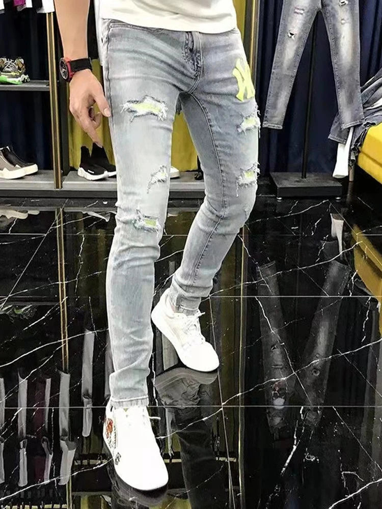 Mens Ripped Splice Jeans Embroidery Skinny Pants High Quality Slim Fit Vintage Blue Hip Hop Jeans Streetwear Mans Denim Trousers
