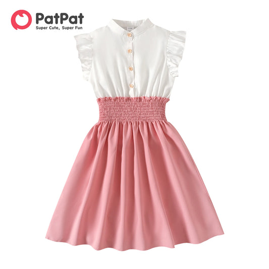 PatPat Kid Girl Dresses Button Design Smocked Splice Ruffled Flutter-sleeve Dress