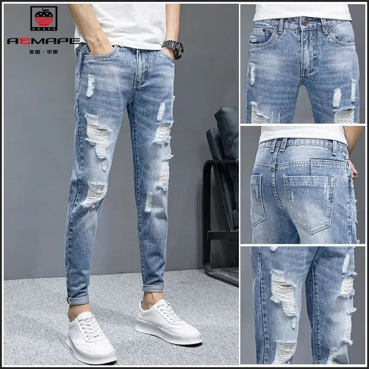 Cowboy Men's Slim Casual Jeans with Ripped Distressed Holes Streetwear Denim Broken Hole Pants Male