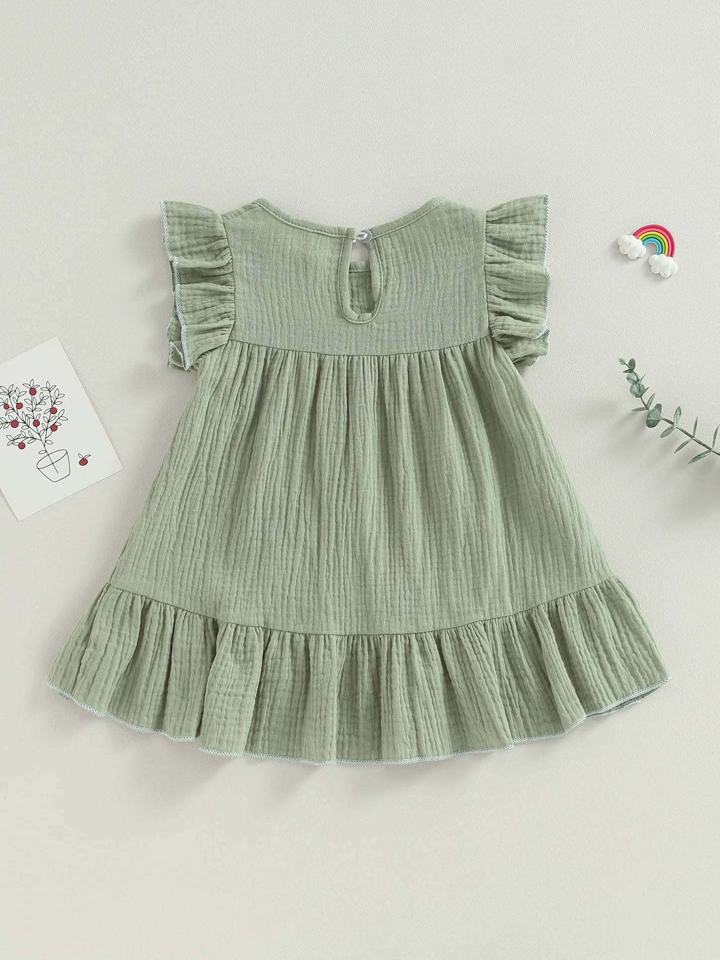 Cotton Linen Dress Toddler Girls Sleeveless Ruffle Sundress Floral Embroidered Flare Dress Baby Kids Summer Clothes (Pink 1-2）
