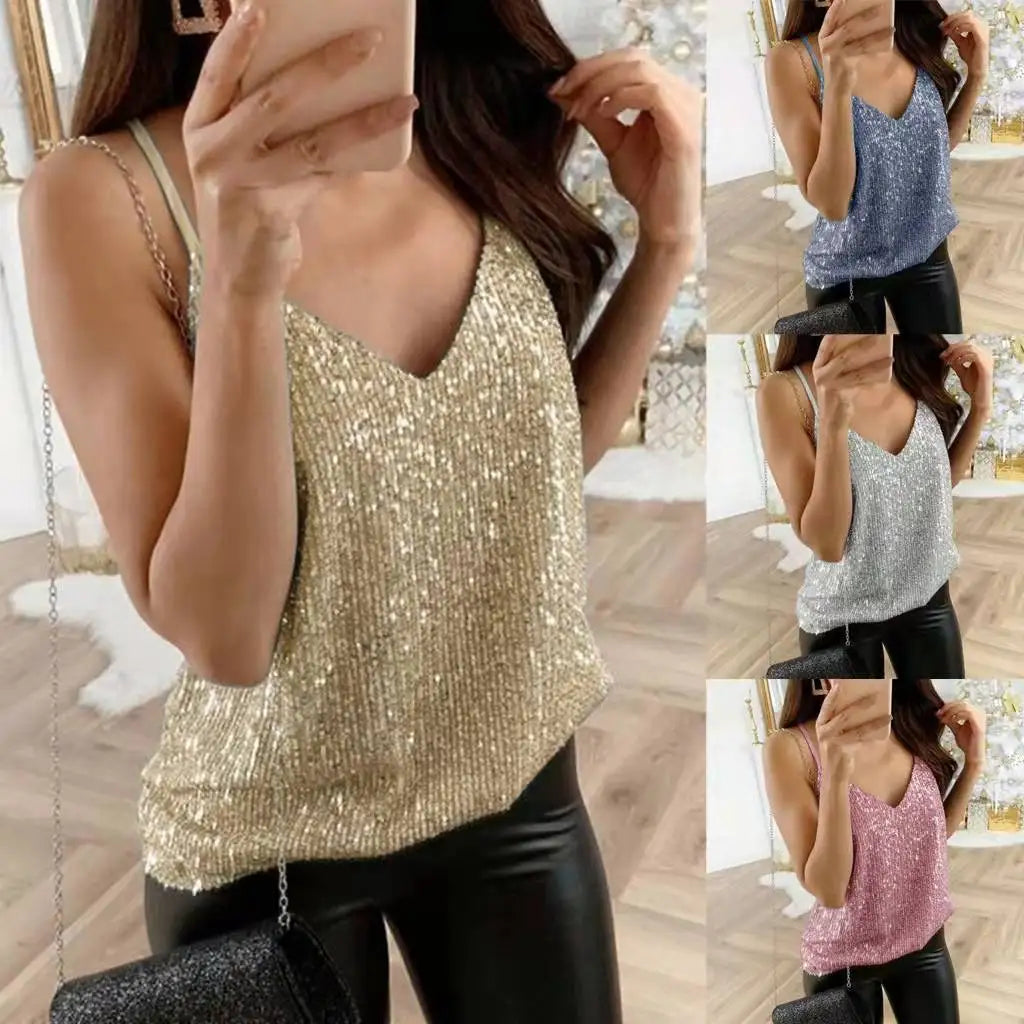 Sexy Wrap Deep V Neck Cut Out Loose Shiny Halter Crop Tops Women Tank Top Camisole Female Sleeveless Cropped Vest