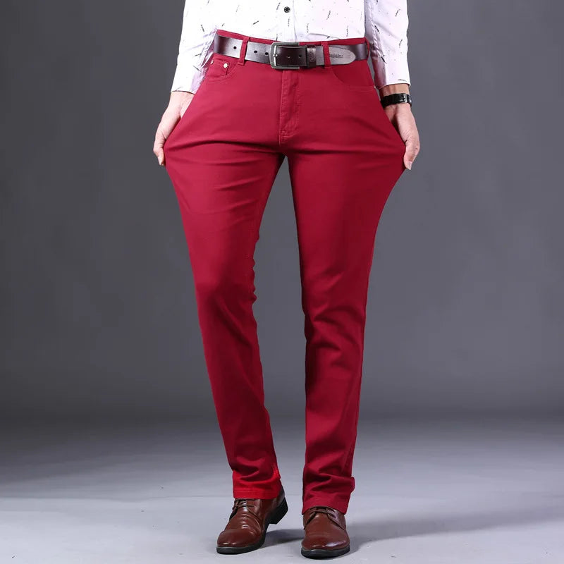 Classic Style Men's Wine Red Jeans Fashion Business Casual Straight Denim Stretch Trousers Male Brand Pants