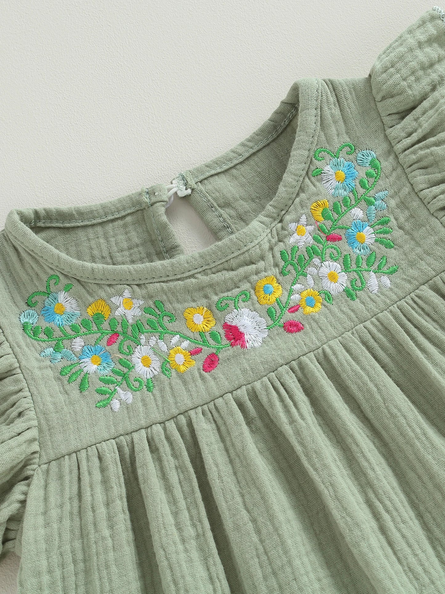 Cotton Linen Dress Toddler Girls Sleeveless Ruffle Sundress Floral Embroidered Flare Dress Baby Kids Summer Clothes (Pink 1-2）