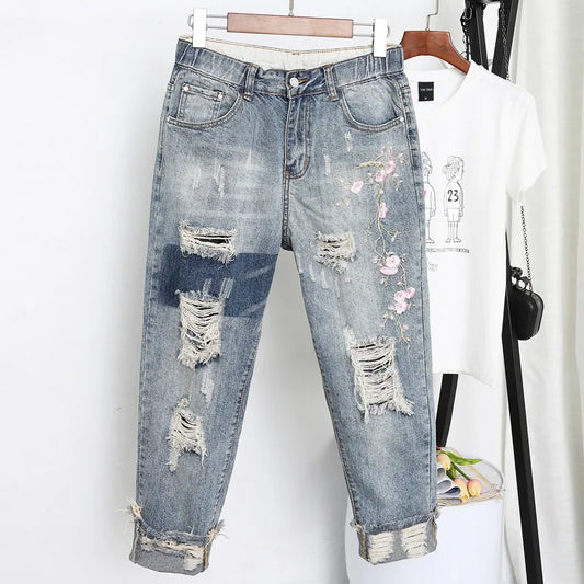 Womens Jeans Denim Loose Slim Fitted Vintage Harem Pants Plus Size Jeans Embroidered Jeans Pantalon Mezclilla Mujer 5XL Q42