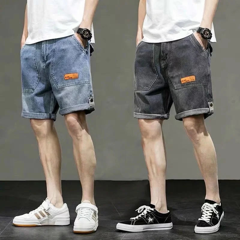 Men's Loose Five-piece Denim Shorts Trousers Casual Elastic Waist Hole Stretch Denim Short Pants