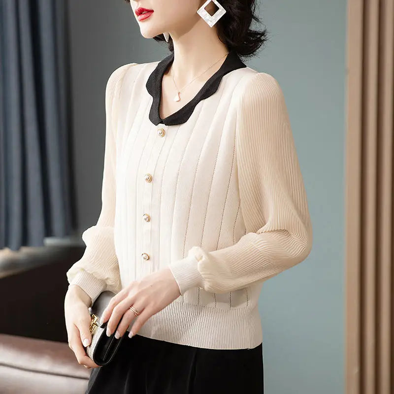 High End V-neck Spliced Pearl Buckle Casual Loose Versatile Color Block Knitted Sweater