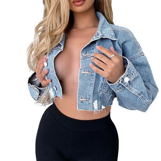 Women's Long Sleeve Ripped Denim Jacket Fashion Sexy Short Jeans Coat Casual Clothing XS-L
