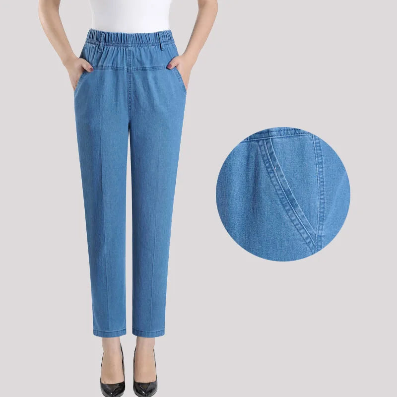 Middle Aged Jeans Women's Straight Sleeve Elastic High Waist Loose Elastic Waist 9/4 Casual