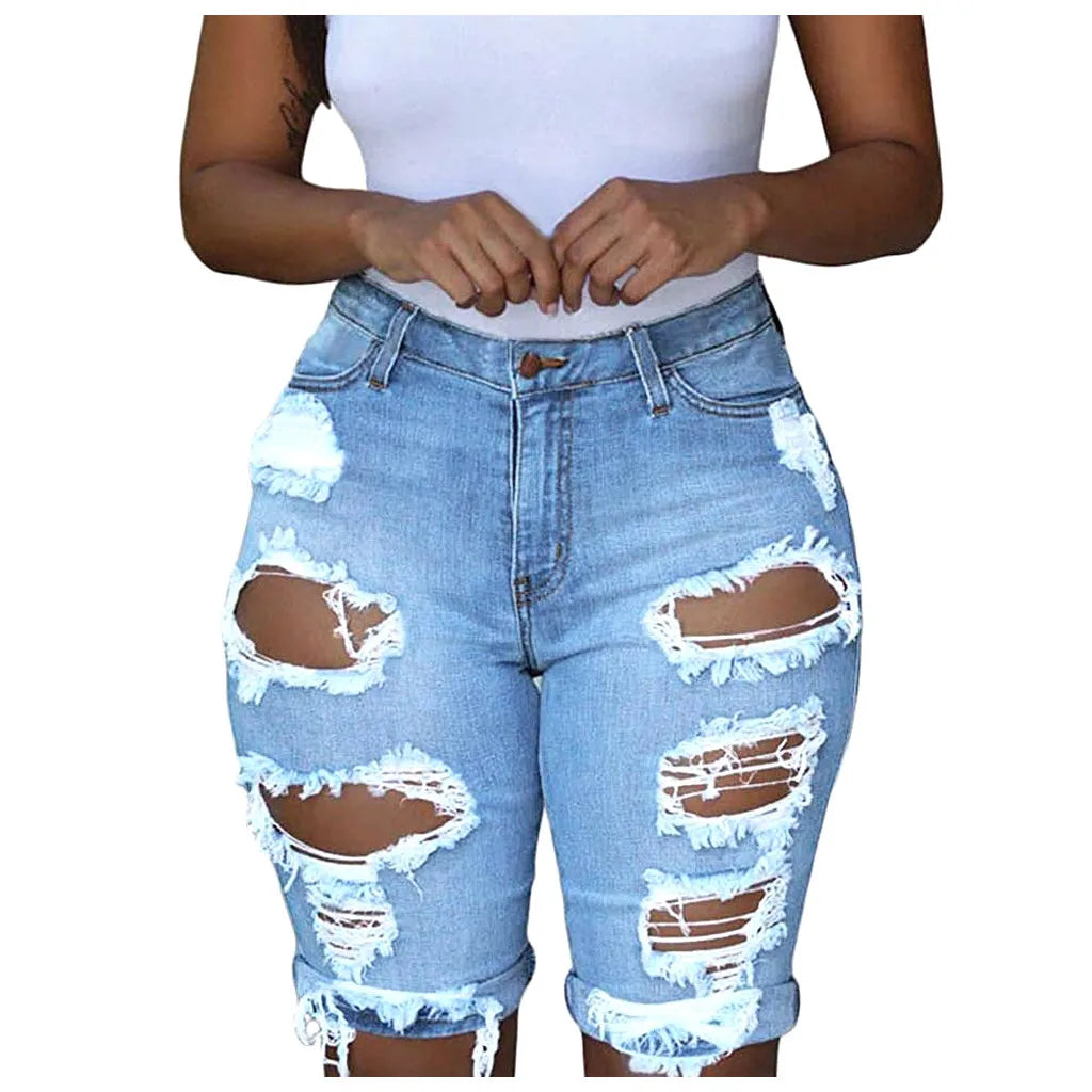 Women Ripped Trousers Denim Retro High Waisted Shorts American Street Tassels Straight Tube Old Vintage Short Pants Plus Size
