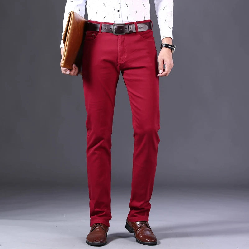 Classic Style Men's Wine Red Jeans Fashion Business Casual Straight Denim Stretch Trousers Male Brand Pants