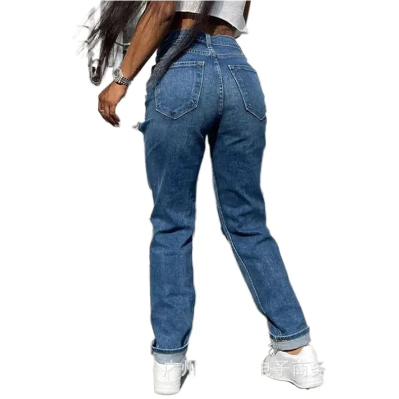 Hollow Out Ripped Straight Jeans Women Blue Punk Baggy High Waist Mom Boyfriend Denim Hole Korean Oversize Streetwear Pants
