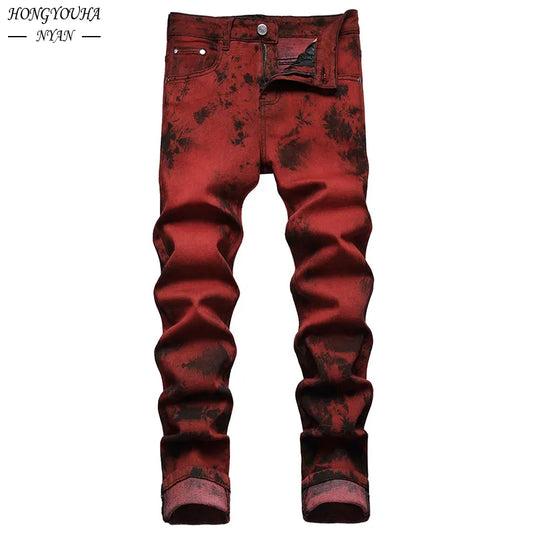 Brand Mens Jeans High Quality Slim Tie dye Snow Wash Brick Red Denim Straight Pants Vintage Streetwear Fashion Casual Trousers