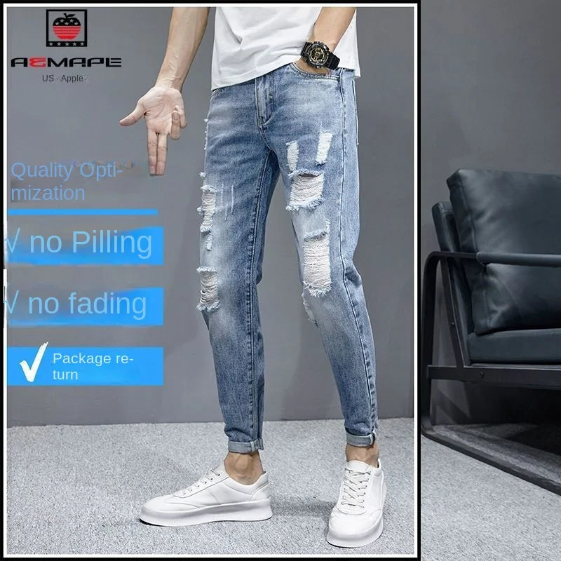 Cowboy Men's Slim Casual Jeans with Ripped Distressed Holes Streetwear Denim Broken Hole Pants Male
