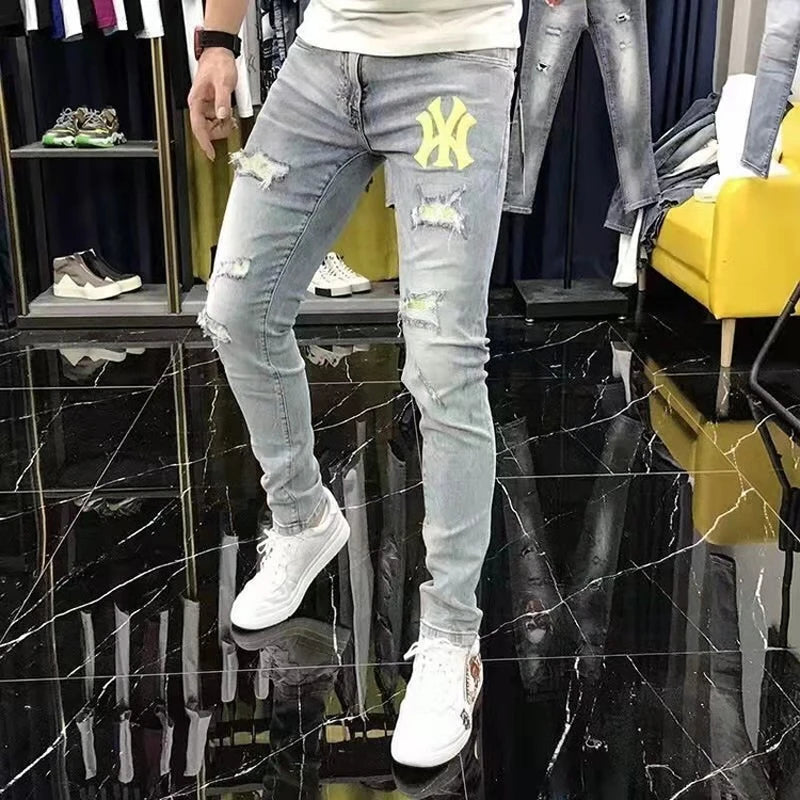 Mens Ripped Splice Jeans Embroidery Skinny Pants High Quality Slim Fit Vintage Blue Hip Hop Jeans Streetwear Mans Denim Trousers