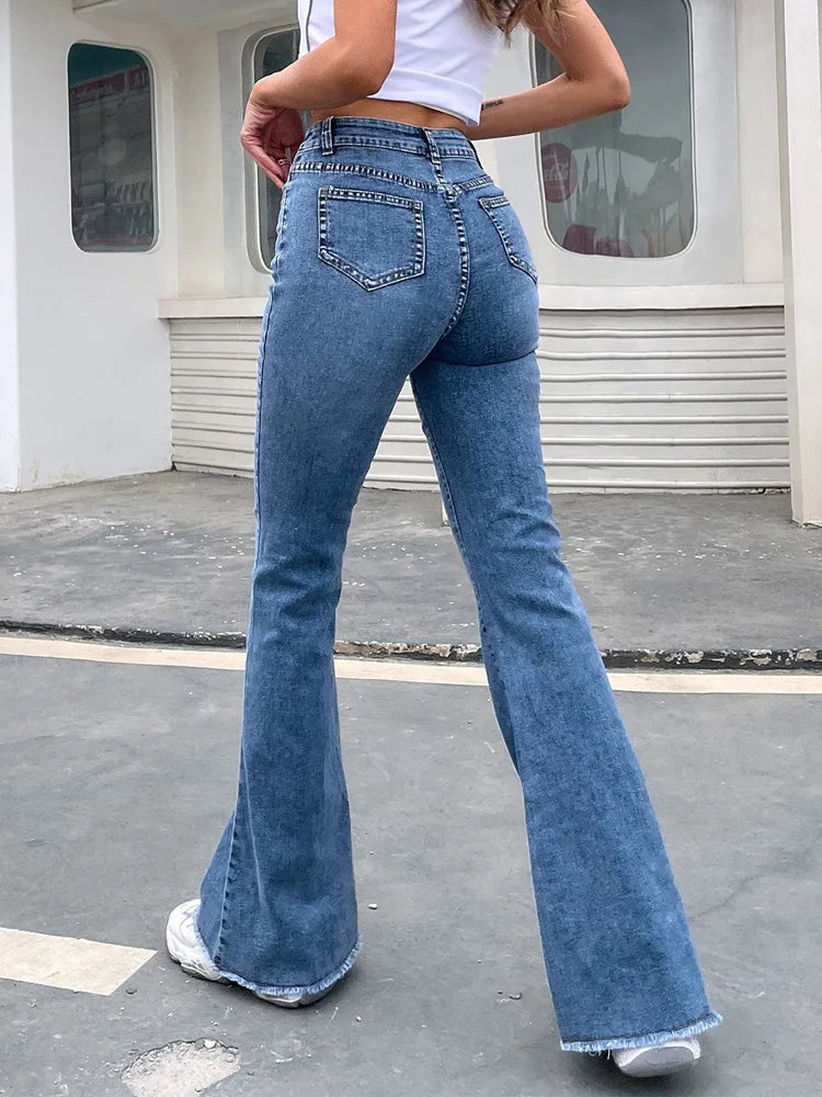 Women's Raw Hem Flare Jeans Autumn Fashion Woman Denim Pants Jean Femme High Waist Full Length Slim Jeans