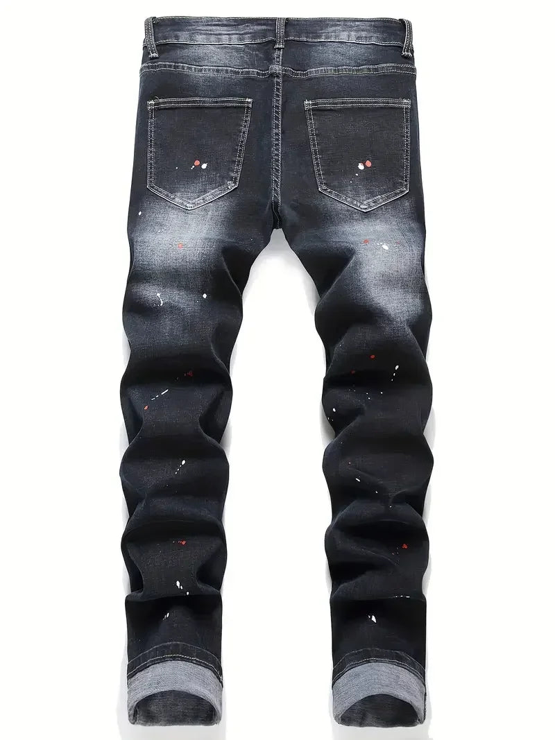 Men y2k Stretchy Denim jeans Ripped Skinny Letter Print elastic waist Casual pants for men Hole Slim Fit Denim Hip Hop Trousers