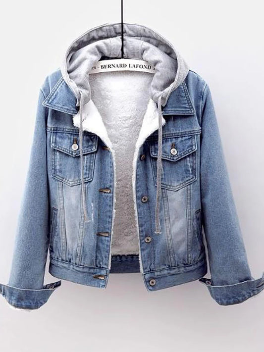 Fleece Warm Winter Jean Jacket Female Pockets Button Soft Hooded Warm Outerwear Fashion Slim Denim Coats For Women