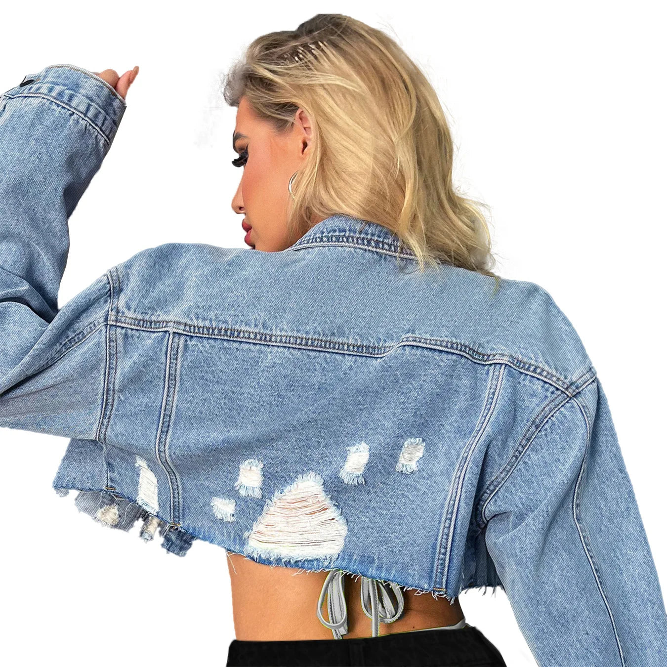 Women's Long Sleeve Ripped Denim Jacket Fashion Sexy Short Jeans Coat Casual Clothing XS-L