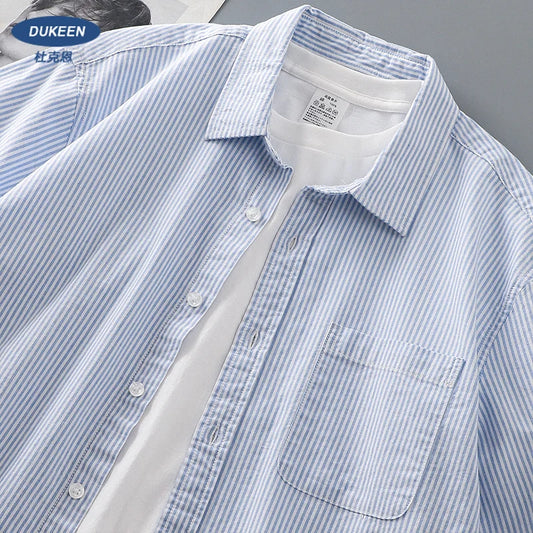 DUKEEN Men's Casual Tops Striped Shirt Loose Tops Cotton Short-Sleeved Spring and Summer T-Shirt Handsome Men's Shirt